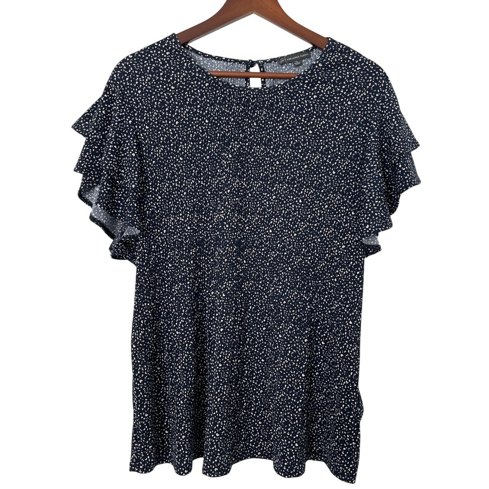 Adrianna Papell XL Navy Blouse Flutter Sleeve Abstract Speckled Print Stretch